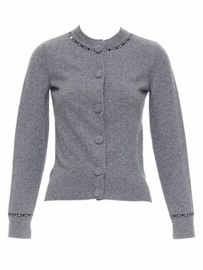 Marc Jacobs Grey Beaded Trim Button Cardigan Sz M Crew Neck Sweater